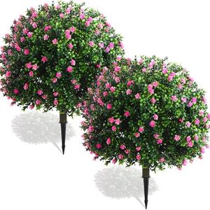 Yunlly Set of 2 Artificial Boxwood Topiary Ball Tree 27 Inch Outdoor Boxwood Balls with Flower Faux Bush, UV Resistance Fake Shrub Plant with Spike for Garden Porch Patio Decor(Pink, 27x18inch)