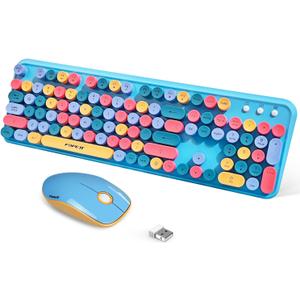 FOPETT 2.4GHz Wireless Keyboard and Mouse Set with Switch Button - Full-Size Keyboard - Compatible for Windows/Laptop/PC/Notebook/Smart TV and More - Blue Colorful