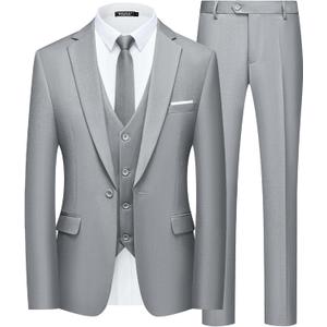 WULFUL Mens Slim Fit Suit One Button 3-Piece Blazer Dress Business Wedding Party Jacket Vest & Pant (Light Grey), Size: 3XL