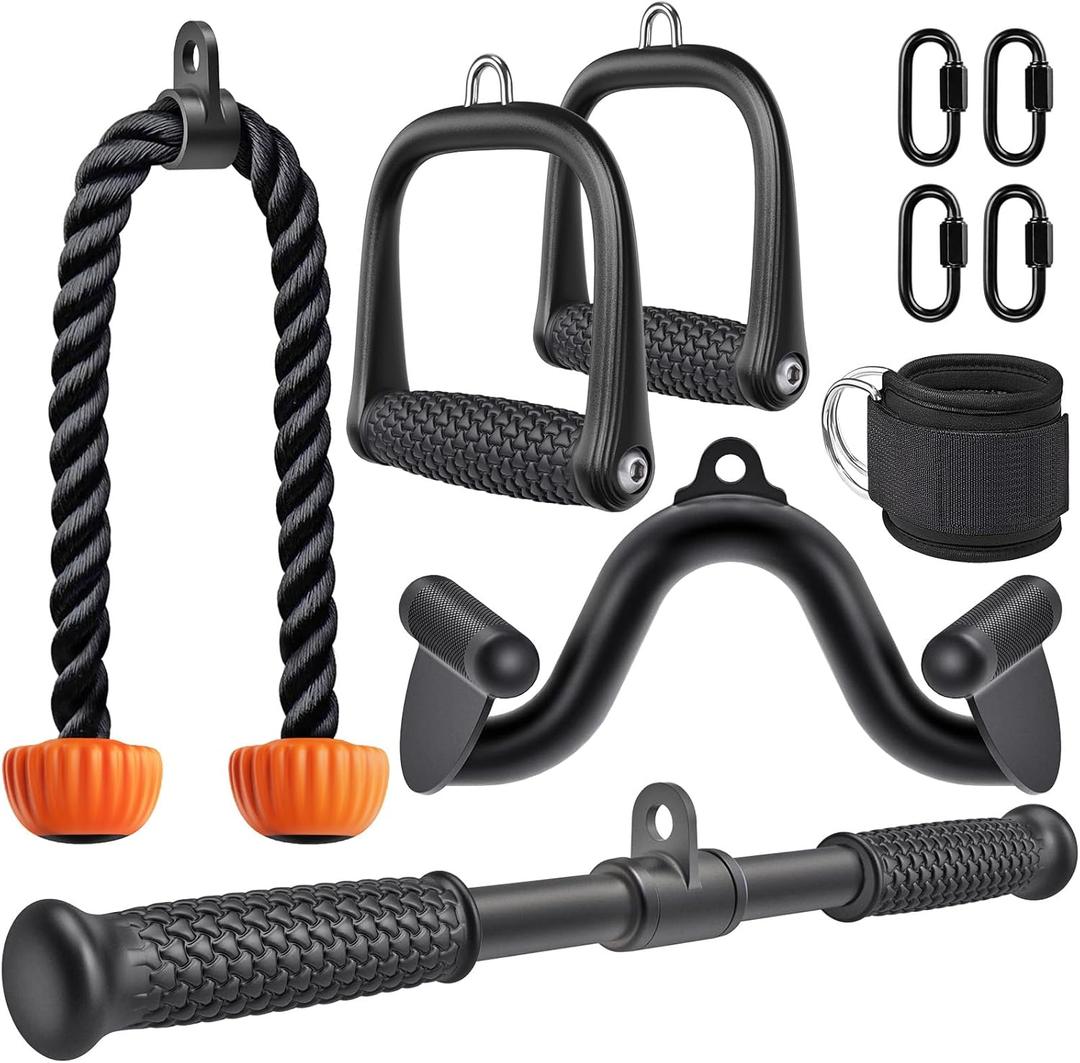 SELEWARE Triceps LAT Pulldown Attachments Home Gym Workout Accessories with Non-Slip Soft Rubber Grip Cable Machine Attachments Triceps Rope Double D Row Handle Pull Down Bar Straight Bar Exercise