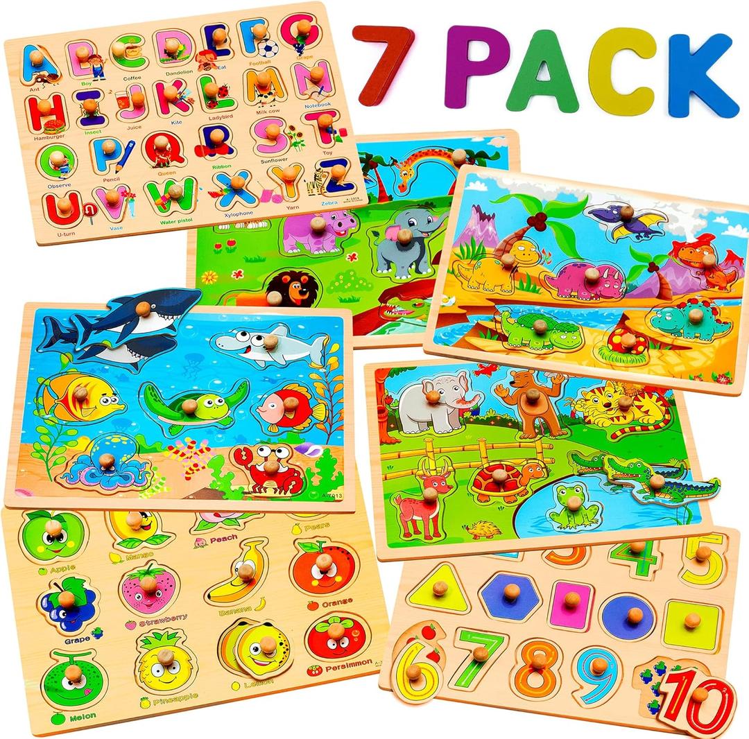 7 Pack Wooden Puzzles for Toddlers 2-5 Years Old - 7 Colorful Chunky Wood Peg Puzzles for Kids Ages 2-5, Alphabet Shape Numbers Fruits Sea Animals Dinosaur Zoo - Educational Toddler Learning Toys