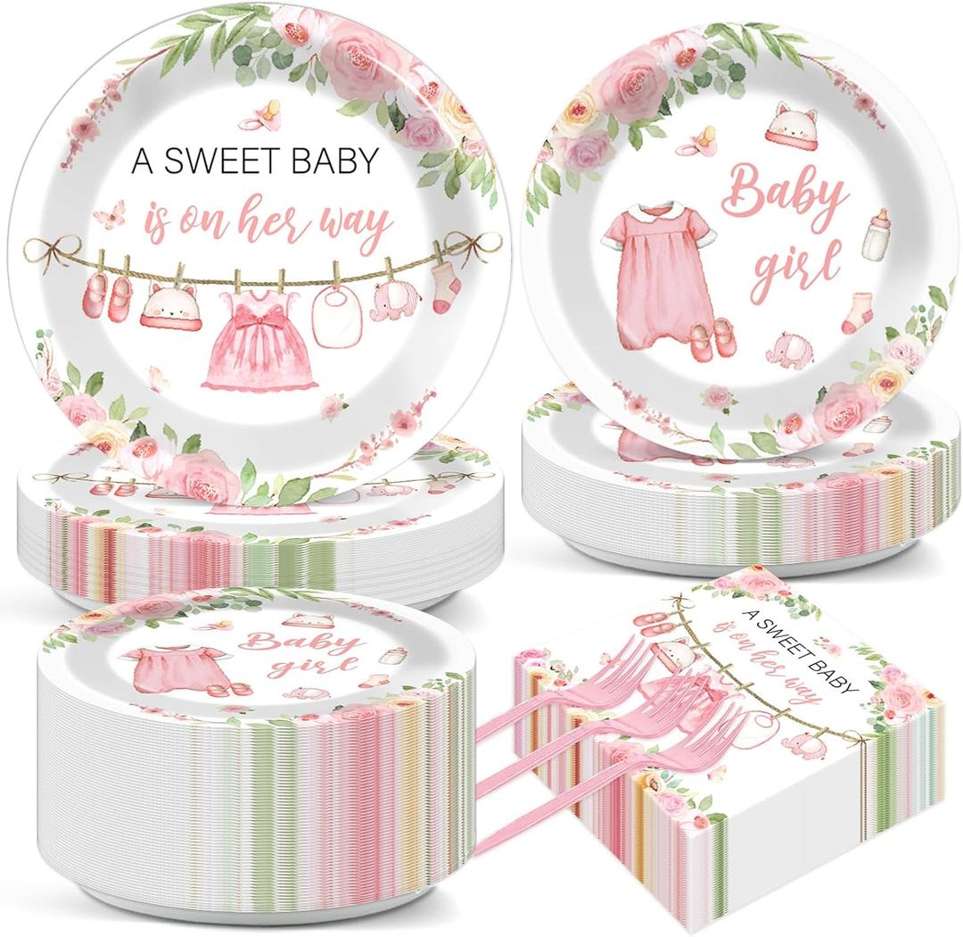 Justforjoyful 200Pcs Floral Baby Girl Shower Plates and Napkins Decoration Pink Girl Party Tableware Dinnerware Set Spring Rose Gold Paper Plates for Baby Gender Reveal Party Supplies Serves 50