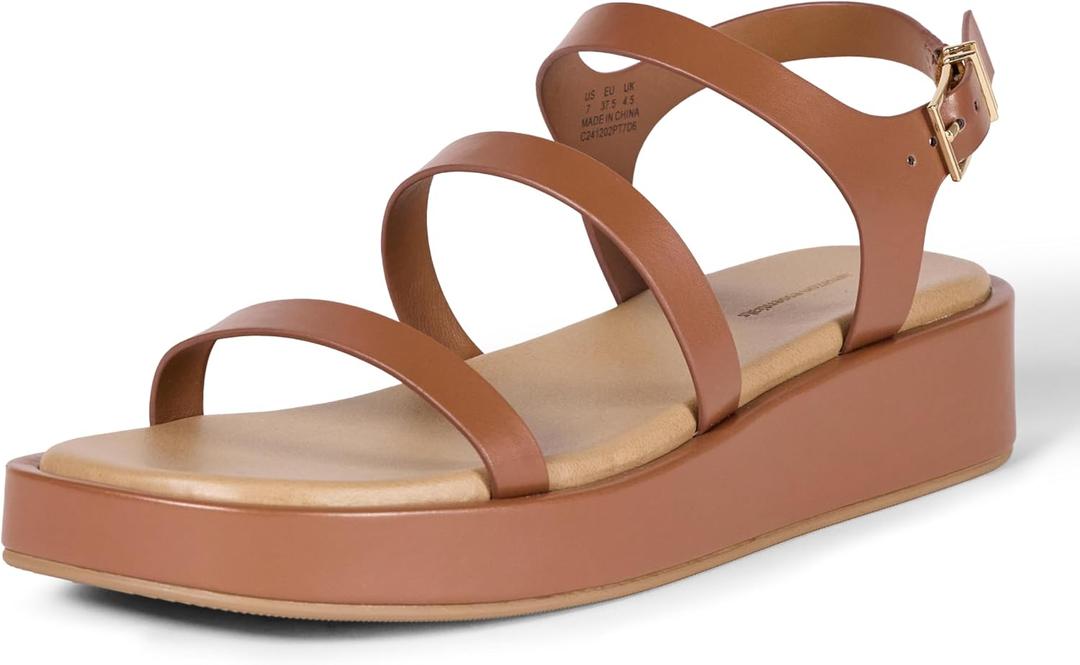 Amazon Essentials womens Strappy Flatform Sandals (9, Tan)