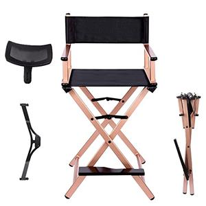 Lorvain Folable Makeup Artist Stool Chair, Protable Tall Folding Directors Chair, Aluminum Makeup Chair with Head Rest for Studio Salon Vanity, Bar Height - Gold Chairs