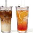 18oz Ribbed Glass Tumbler with Lids & Straws, Set of 2 -Vintage Ribbed Iced Coffee Cups, Reusable Smoothie & Cocktail Drinking Glasses - Perfect for Daily Use & Travel