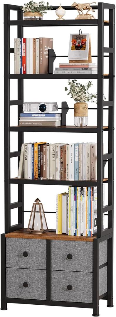 5 Tier Bookshelf, Modern Bookcase with Bookends and 4 Drawers Storage Organizer, Metal Industrial Display Shelf, Free Standing Storage Shelving Unit for Bedroom, Living Room and Home Office (Black)