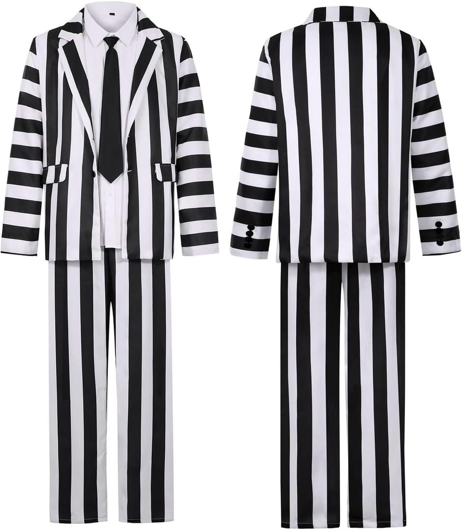 Scary Halloween Costumes for Men Black and White Striped Suit Adult 80s Horror Movie Character Cosplay Outfit (Large)