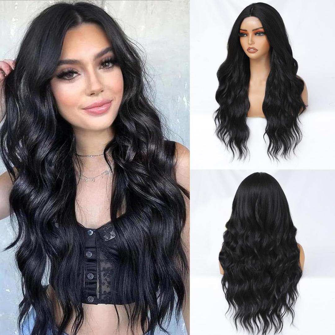 Black Wig for Women Long Wavy Black Wig Middle Part 26 Inch Wigs Heat Resistant Synthetic Wig for Daily Use