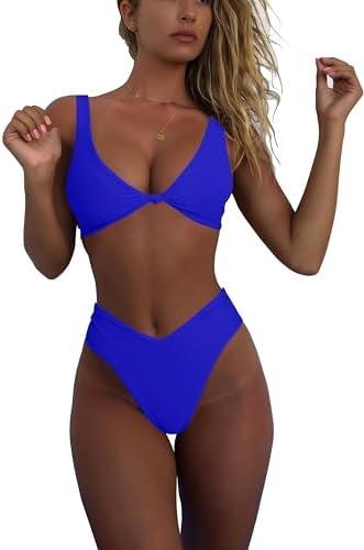 geluboao Bikini Set for Women Solid V Neck Knot Front Push Up High Leg Thong Two Piece Swimsuit, Medium 