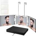 Vanexiss Rechargeable 3 Way Mirror for Hair Cutting, Real Glass Adjustable Trifold Mirror with 3 Color Temps LED Light & Telescoping Hooks for Makeup, Shaving & Styling (Black)