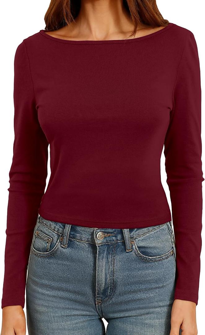 Dwnval Womens Cute Boat Neck Long Sleeve Crop Tops Soft Ribbed Knited Cropped Tees (S)