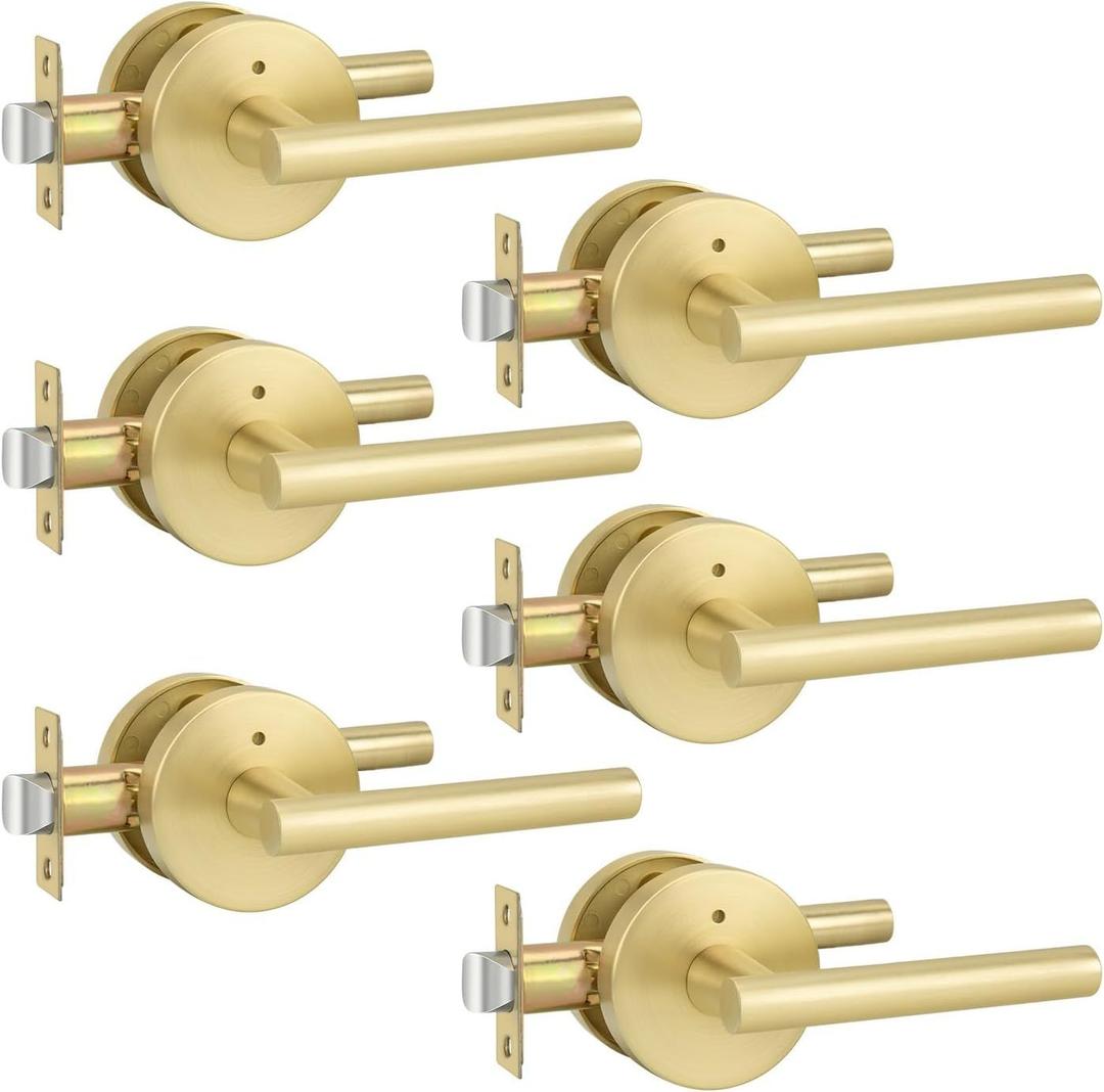 Goldenwarm Gold Door Handles Interior, Privacy Brushed Gold Interior Door Handle, Heavy Duty Zinc Alloy Door Lever for Bedroom, Bathroom, 6 Pack