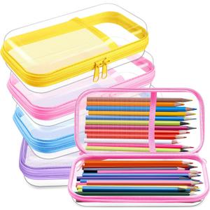Sanwuta 4 Pcs Clear Hard Sided Zipper Pencil Case Pouches Bulk Plastic Hard Shell Pencil Case Box Organizer with Mesh Pocket Toiletry Pouch Makeup Bag, Back to School Supplies(Macaron)