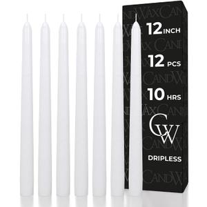 CANDWAX 12 inch White Taper Candles - Set of 12 Candle Sticks Ideal for Christmas Decorations - Dripless Smokeless Long Burning Unscented White Candlesticks - Tapered Christmas Candles for Home Decor
