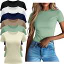 Neer 6 Pack Fitted Basic T-Shirts for Women Bulk, Tight Crewneck Short Sleeve Tops Multipack Slim Casual Summer Tees Blouse (Large, Black, White, Navy Blue, Khaki, Bean Green, Cream)