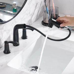 Bathroom Faucets with Pull Out Sprayer, 8 inch Widespread Faucet for Sink 3 Hole, 2-Handle Pull Out Bathroom Sink Faucet, with Pop Up Drain and Water Supply Hoses, Matte Black