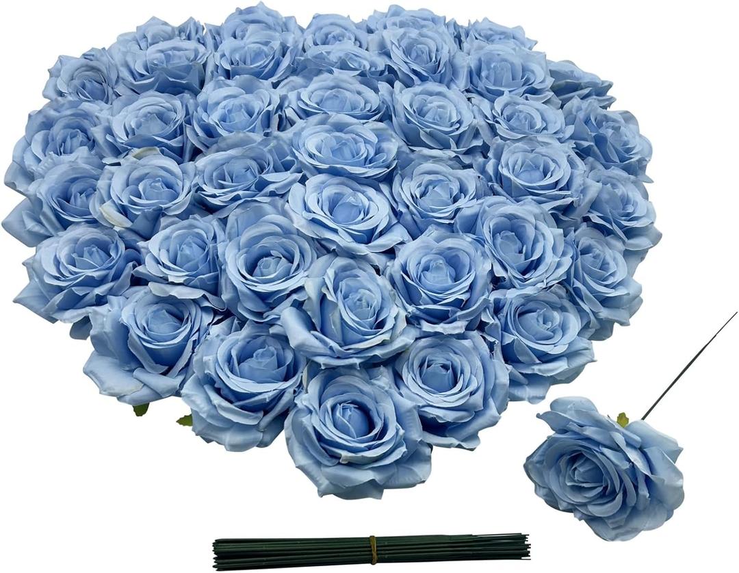 Fake Flower Heads for Craft,3.8" Blue Rose Heads Artificial Flowers,36 Pcs Silk Rose for Wedding Decoration Party Home Decor,DIY Crafts(Light Blue, 3.8)