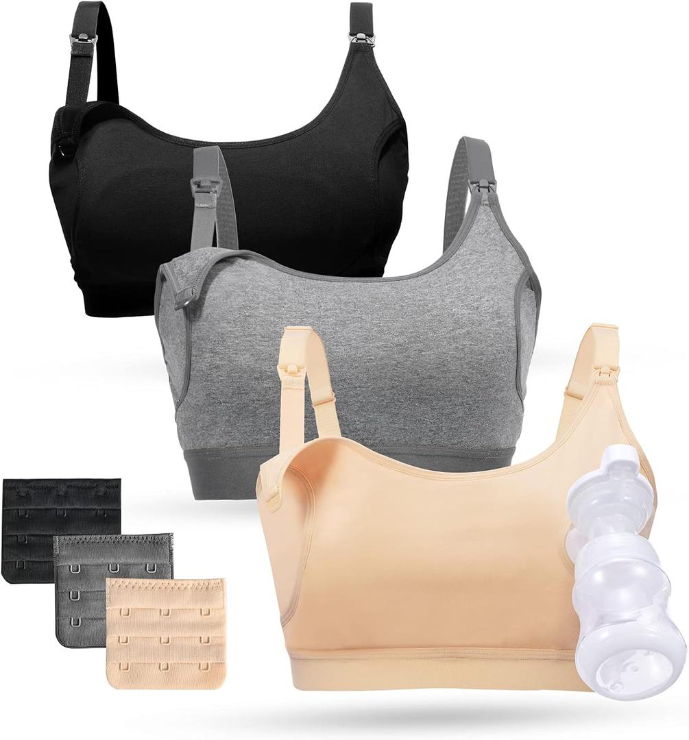 Momcozy Pumping Bra, Pumping Bra Hands Free All Day Wear Pumping & Nursing Bra in One Holding Breast Pump for Spectra, Medela (Large, Black,grey,skin-3pk)