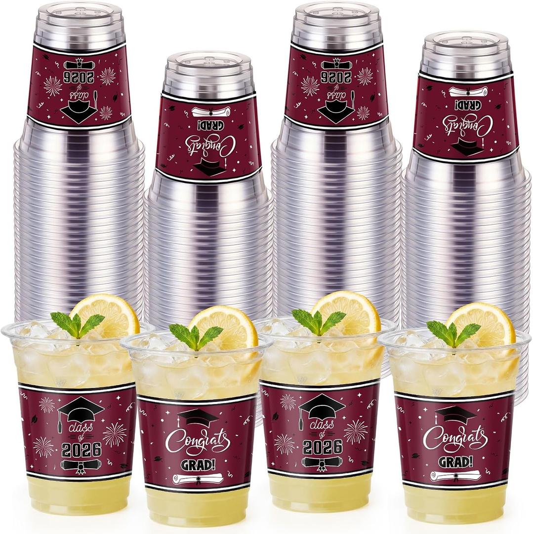 Honeydak 50 Pcs Graduation Cups 12 oz Class of 2026 Plastic Cups Maroon and Black Graduation Party Disposable Drinking Glasses for Congrats Grad School Classroom Party Favors Supplies Decoration