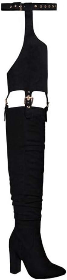 DETOGNI Women's Fashion Over The Knee Belted Pointed Toe Long Boots Sexy Buckle Strap Side Zipper Block Heels ​Thigh High Boots (Black US9)
