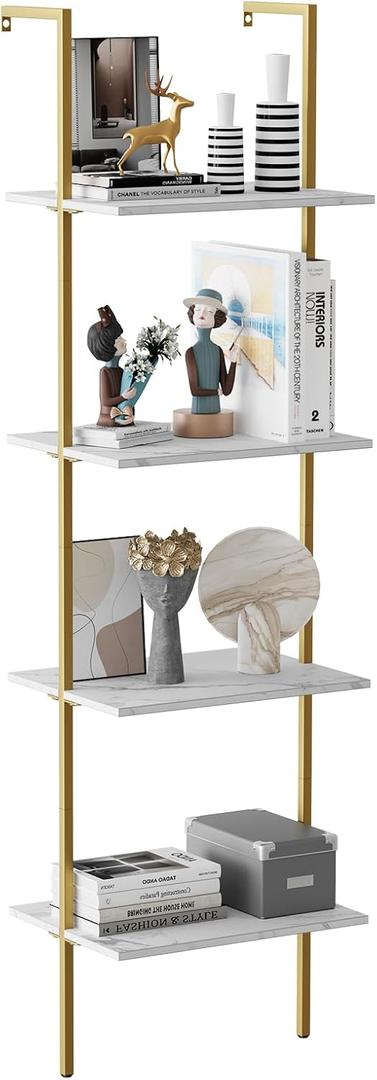 Wolawu Ladder Shelf 4 Tiers Metal Industrial Bookshelf,White Marble Wood Tall Open Storage Rack and Display Shelves,Wall Mount Wide Book Case for Home Office Bedroom,Small (1 PC 15.7IN)