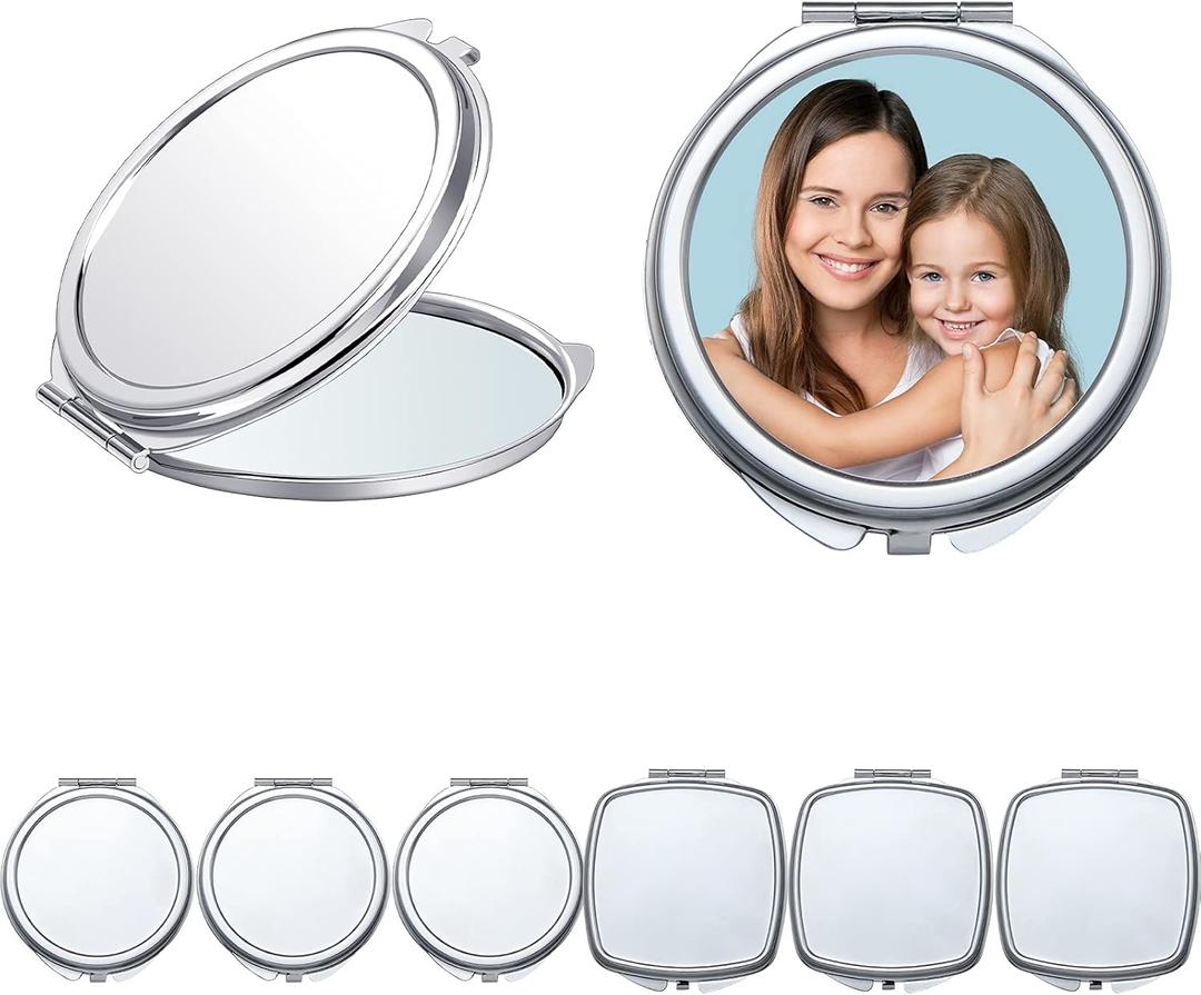 Jetec 6 Pcs Sublimation Blanks Compact Mirror Bulk Transfer Folding Pocket Makeup Double Sided Handheld Mirror Round Square Sublimation for Purse Travel