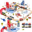Giant bean 117 Pcs Busy Port City Wooden Train Set for Kids- Expandable & Changeable Wooden Train Track Set Toy, for Boys & Girls Ages 3-14
