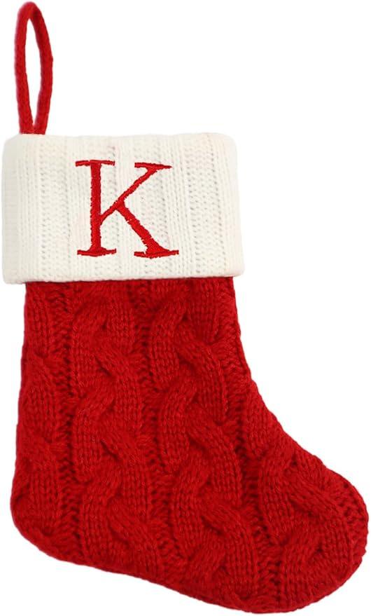 Just Jolly 8 Inch Mini Christmas Stockings, Small Xmas Stockings with Monogram Initial, Classic Red White Xmas Decor for Mini Christmas Tree, Fireplace, Holiday Decor, Party Favors, Gift Stocking (K, T), Set of 2