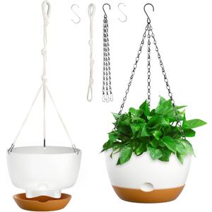 10 Inch Hanging Planters for Indoor & Outdoor Plants (2 Pack) - Self-Watering & Drainage Flower Pots with 2 Kinds of Plant Hangers for Home Decor & Garden (White, 10 in)