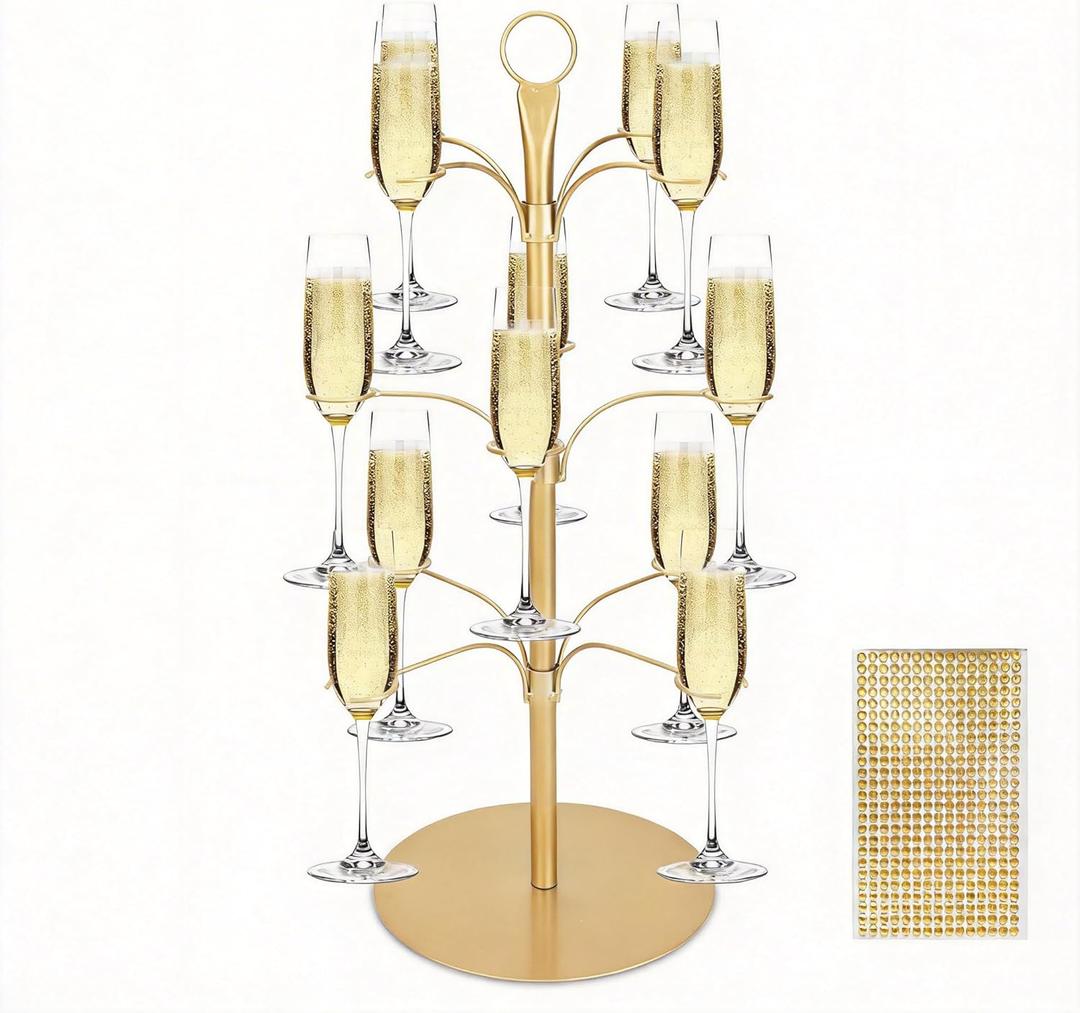 Cocktail Tree Stand for Party, Metal Drink Tower with 3 Tier 12 Holders, Bar Drinks Tree Display Wine Glasses Holder Suitable for Champagne Cocktails Martini at Christmas Weddings Bridal Shower (Gold)