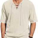 COOFANDY Men Linen Cotton Shirt Beach Lace Up V Neck Shirts Hippie Viking Meditation Tunic (X-Large, Beige)