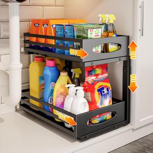 Under Sink Organizer, Pull Out Cabinet Organizers, Slide Sink Steel Shelf Cabinet Storage Shelves, Under Sink Storage for Kitchen Bathroom Cabinet (Black, 1 Pack)