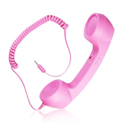 Retro Phone Handset, 3.5mm Jack Wire Cell Phone Receiver with Answer Button/Volume Keys, Handheld Old Telephone Headset for Mobile Phones/Cellphone/Smartphone (Pink)