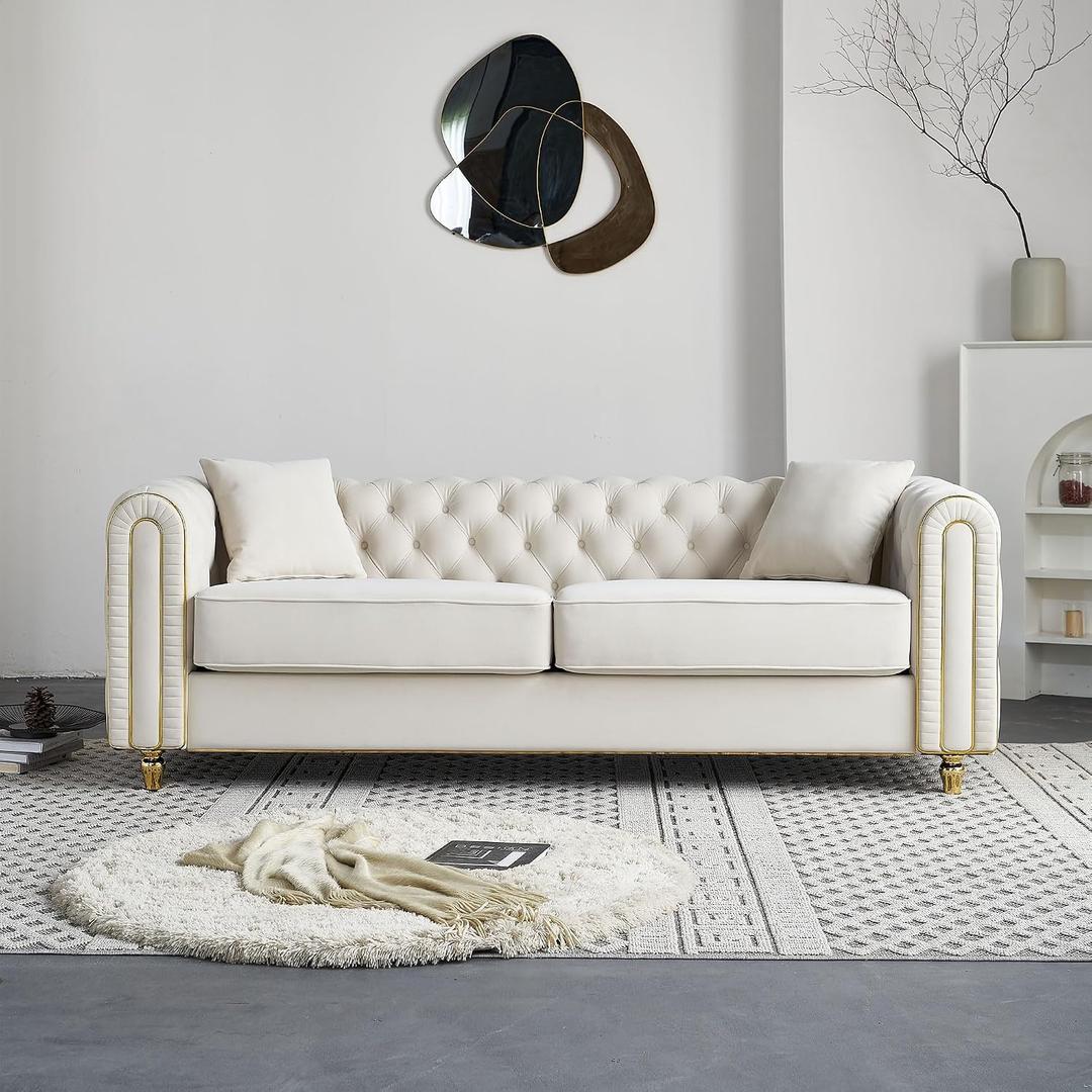 KEIKI 86" Chesterfield Velvet Button Tufted Sofa with High Density Foam Cushions and 2 Toss Pillows, Modern Style 3-Seater Couch with Gold Strip Trim Decoration, Easy Assembly, for Living Room, Beige, 86"+Rolled Arm