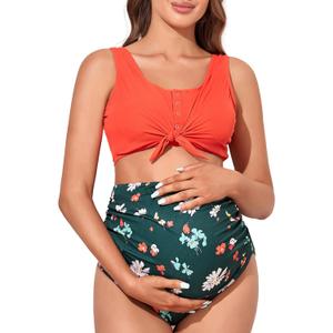 Summer Mae Maternity Ribbed Two-Piece Swimsuit Front Knot Crop Top Bikini High Waisted Pregnancy Bathing Suit (Medium, Very Daisy)