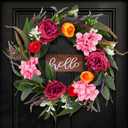 18in Summer Wreath for Front Door, Realistic Artificial Floral Door Wreath with Real Rattan Base, Includes 2 Matching Bouquets, Fake Flower for Spring Front Home, Mother's Day
