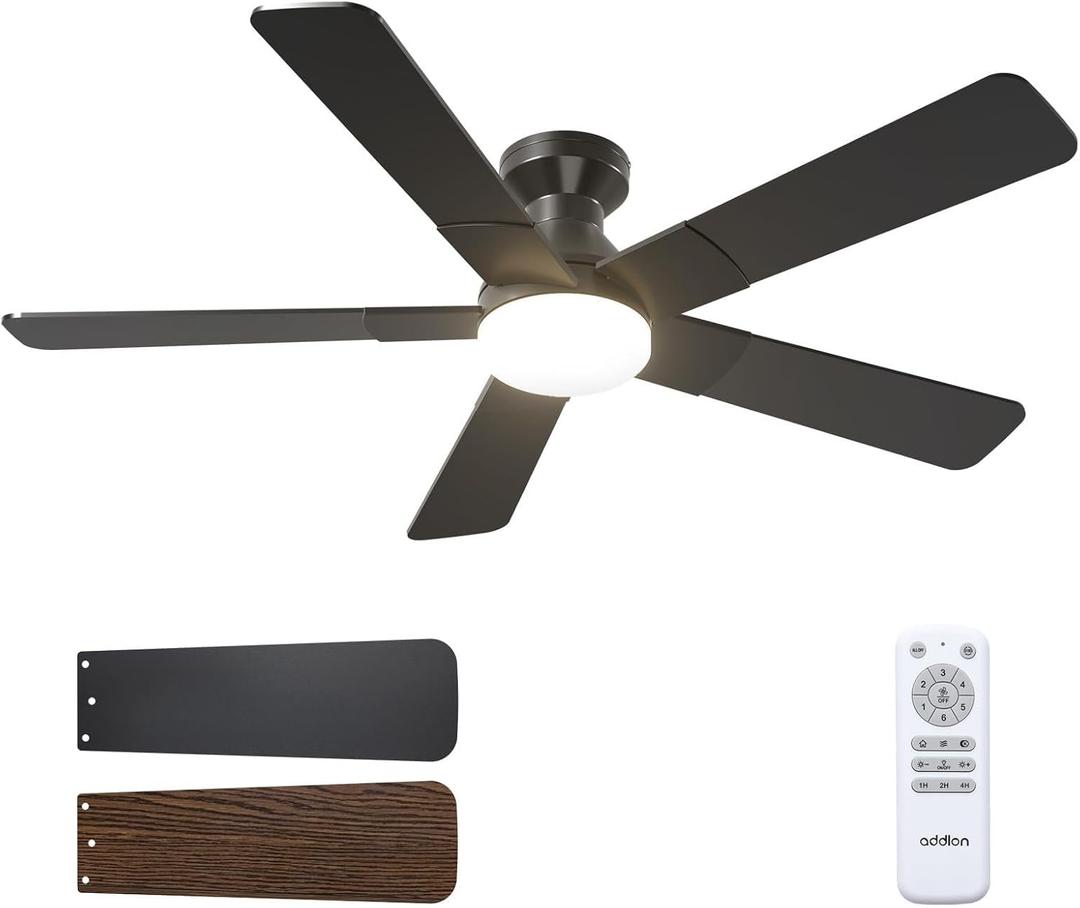 Addlon Ceiling Fans with Lights, 52 inch Low Profile Ceiling fan with Light and Remote Control, Flush Mount, Reversible, 3CCT, Dimmable, Noiseless, Black Ceiling Fan for Bedroom, Indoor/Outdoor Use