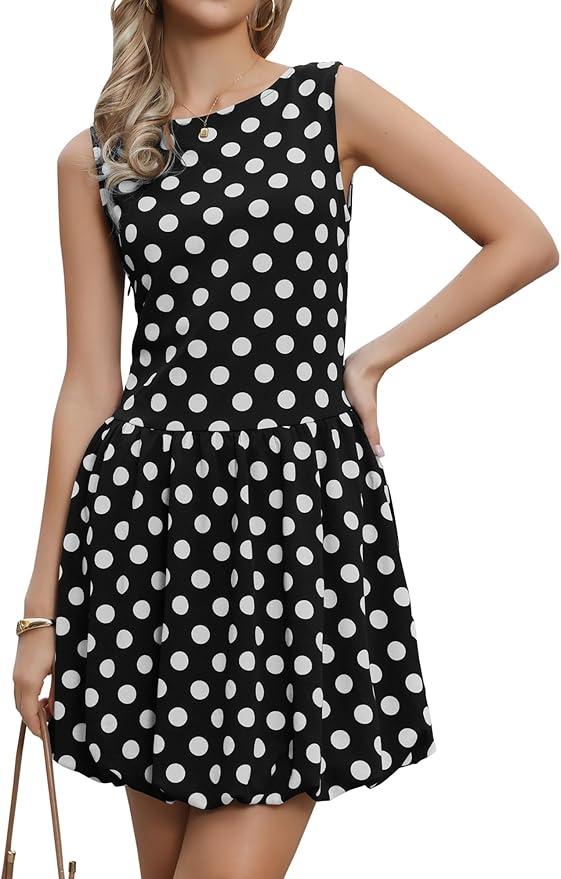 Allegra K Bubble Mini Dress for Women's Boat Neck Sleeveless Polka Dots Y2K Casual Cocktail Dress (Black, XS)