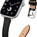 STIROLL Slim Leather Bands Compatible with Apple Watch Band 38mm 40mm 41mm 42mm(Series 11 10), Top Grain Leather Watch Thin Wristband for iWatch SE 9 8 7 6 5 4 3 2 1 (Black Silver)