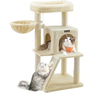 Feandrea Cat Tree, 37.8-Inch Cat Tower, Multi-Level Condo with Widened Perch, Scratching Posts and Ramp, 2-Door Cave, Hammock, Beige UPCT51M
