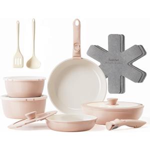 Redchef 16pcs Ceramic Pots and Pans Set Non Stick, Nonstick Kitchen Cookware Set with Detachable Handle, Non Toxic, PFAS PFOA & PTFE Free, RV Cookware Set for Camping, Dishwasher/Oven Safe (Pink)