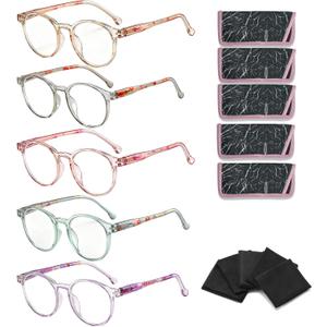 5-Pack Reading Glasses for Women Men, 3.5 Blue Light Blocking Computer Glasses with Spring Hinge, Round Fashion Readers with Case and Cleaning Cloth