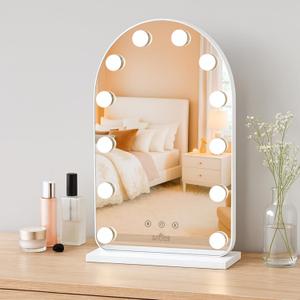 LUXFURNI Hollywood Mirror with Lights Makeup Mirror for Bedroom, Vanity Arched Mirror with 12 Dimmable Bulbs Smart Touch Control 3 Color Lighting Modes (White)