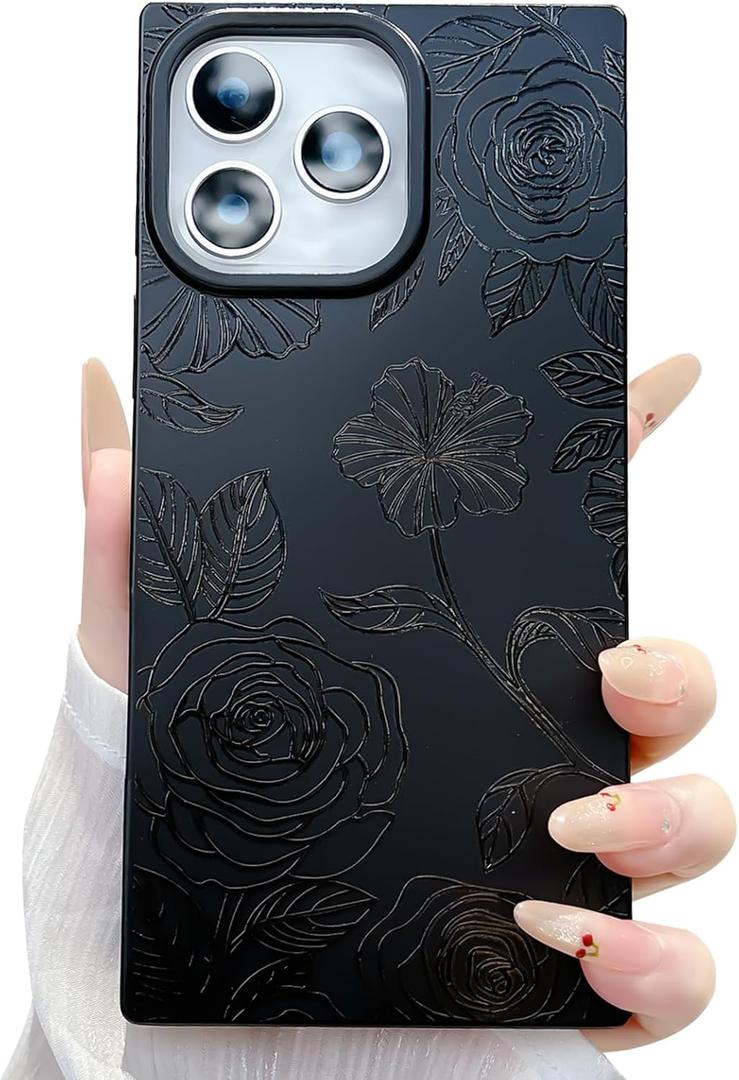 for iPhone 16 Pro Max Case Floral Flower Aesthetic Women Trendy Camera Protection Reinforced Corners Shockproof Drop Protection Phone Cases Black