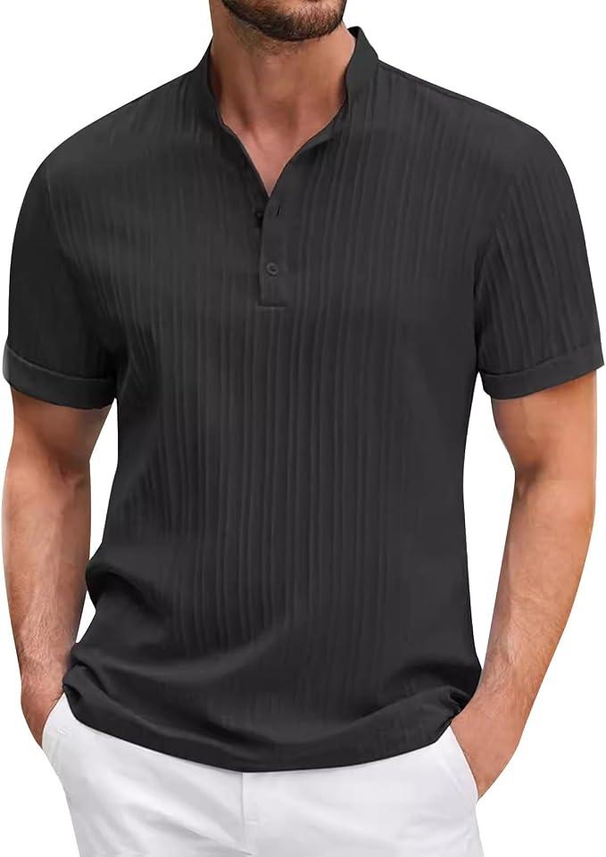 Men Cotton Blend Solid Ribbed Textured Tshirt Shirt Summer Casual Button Down Short Sleeve Tees, Black XL