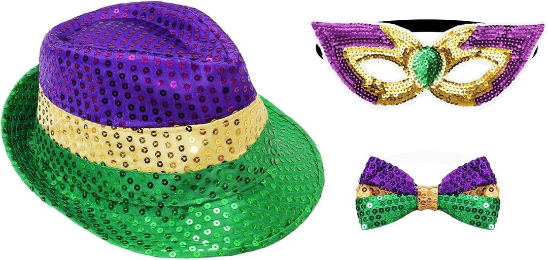 Fumwase 3Pcs Mardi Gras Costumes Accessories Set Sequin Mask Hat Bow Tie for Men Women Mardi Gras Outfit for Halloween Party (Green)