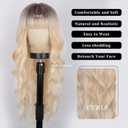 Lativ Blonde Wig With Bangs Long Ombre Blonde Wig with Dark Roots for Women Wavy Curly Heat Resistant Synthetic Fiber Wigs for Daily Party Use 26 Inches