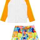 SwimZip Boys' Long Sleeve Rash Guard & Swim Shorts Set - UPF 50+ Sun Protection (18-24 Months, Joyful)