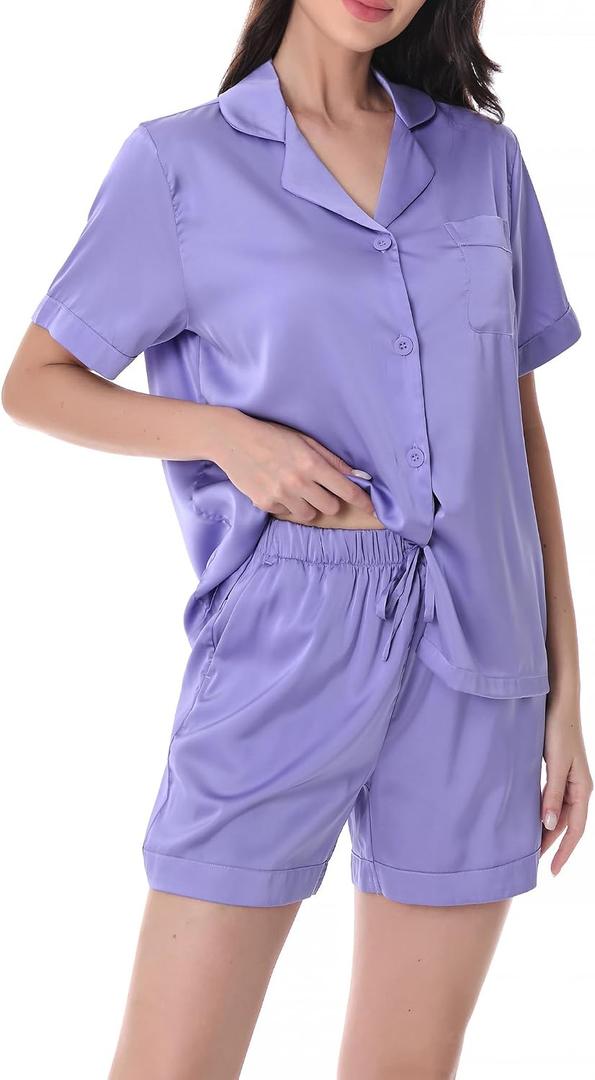 DAVID ARCHY Satin Pajamas for Women 2 Piece Summer Sleepwear Set, Smooth Wrinkle-Resistant Loungewear (Purple, S)
