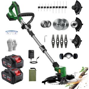 Cordless String Trimmer with 2 Battery & Charger, 4 in 1 Weed Wacker | Foldable & Adjustable Weed Eater with Wheels, Replacement Blades, Accessory Storage Pouch for Garden, Lawn and Yard Care